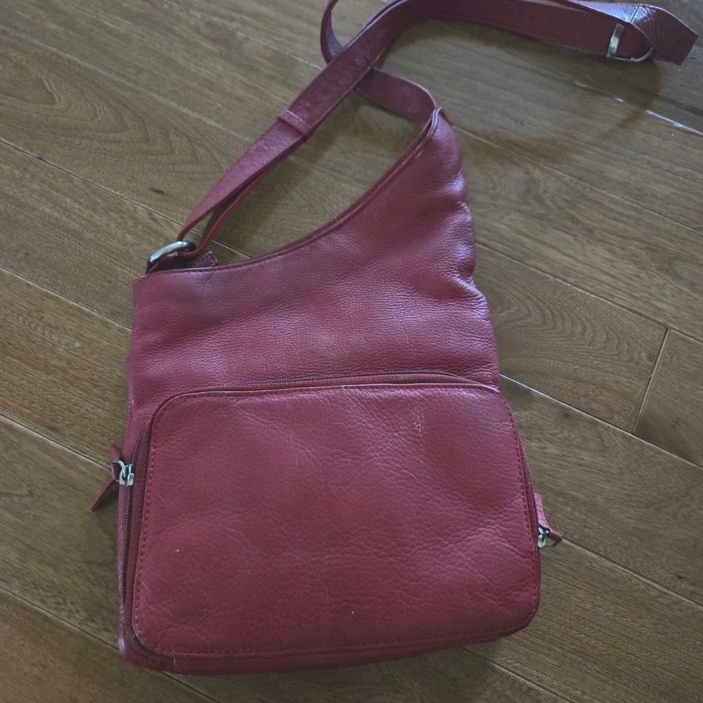 Genuine Red Leather Crossbody Bag Multi Pocket Organizer Sling Adjustable Strap